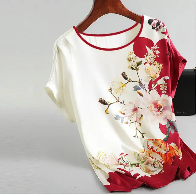Fashion Floral Print Shirt Silk Satin Plus Size Bat Sleeve Retro Casual Short sleeved Top Red - Shop at LoveMi