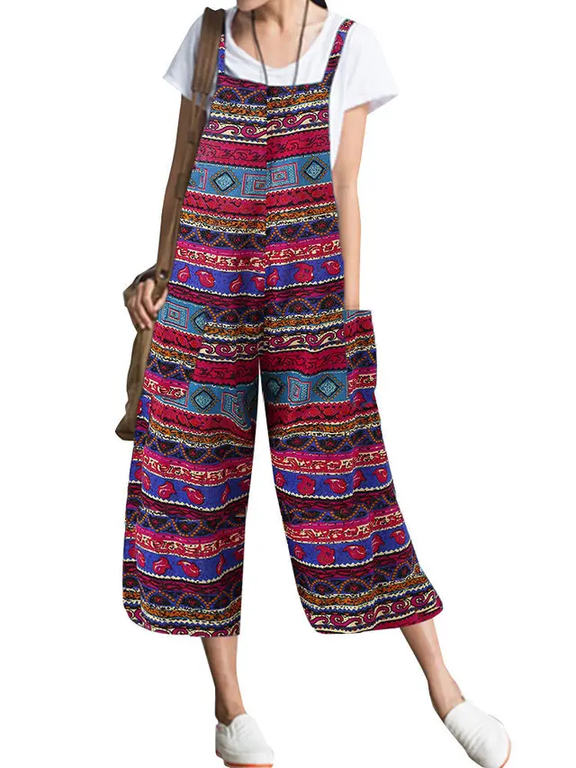 Women's Bohemian Jumpsuit Loose Casual Suspenders Wide Leg Pants Women Red - Shop at LoveMi