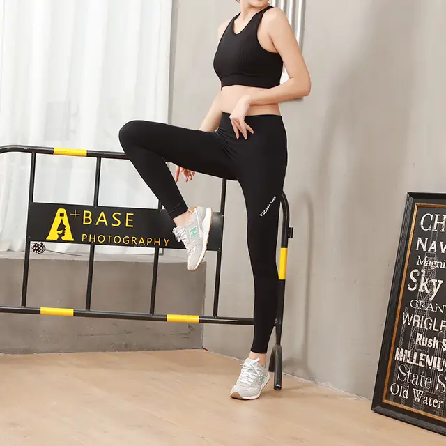 Ladies Fitness Running Breathable High Stretch Solid Color Sports Letter Leggings Black - Shop at LoveMi