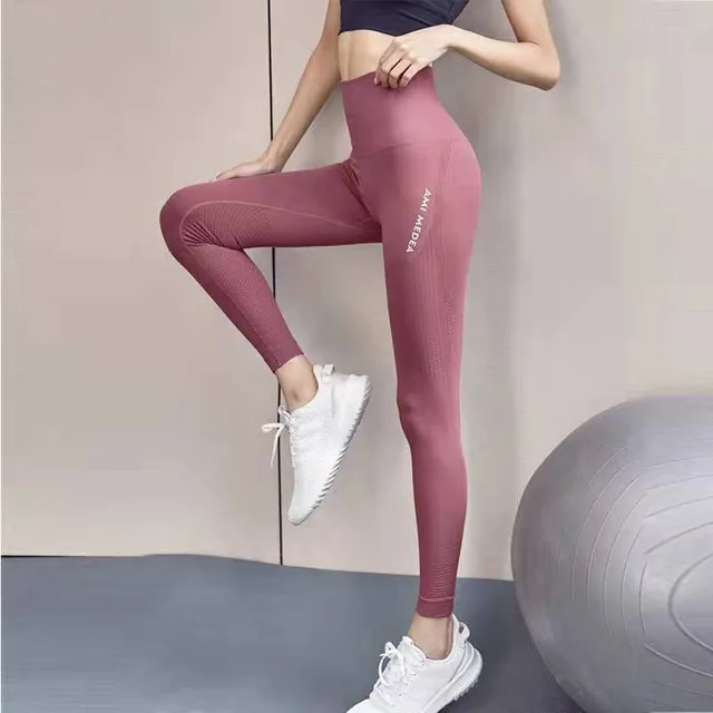 Ladies Fitness Running Breathable High Stretch Solid Color Sports Letter Leggings Pink - Shop at LoveMi