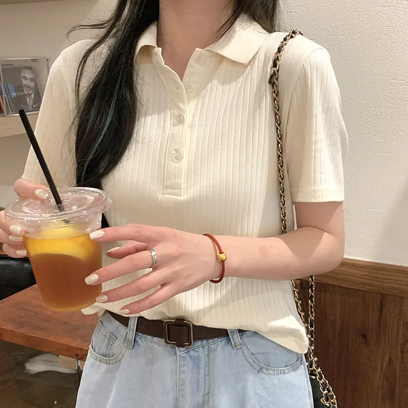 Retro Collar Pit Short-Seeved Women Loose Korean Style Ins Harajuku Style Sweater - Apricot