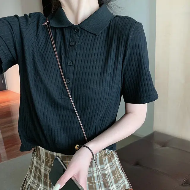 Retro Collar Pit Short Seeved Women Loose Korean Style Ins Harajuku Style Sweater Black - Shop at LoveMi