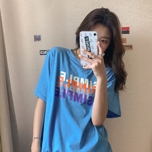New Summer College Style CreativePopular Letter Printing Short Sleeved T shirt Female Students Loose All Match Top Blue - Shop at LoveMi