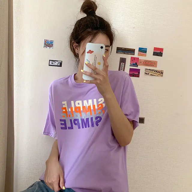 New Summer College Style CreativePopular Letter Printing Short Sleeved T shirt Female Students Loose All Match Top Light Purple - Shop at LoveMi