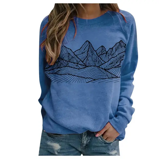 Loose Round Neck Mountain Print Long Sleeve Sweater Blue - Shop at LoveMi
