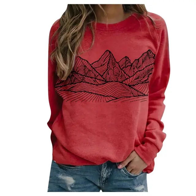 Loose Round Neck Mountain Print Long Sleeve Sweater Red - Shop at LoveMi