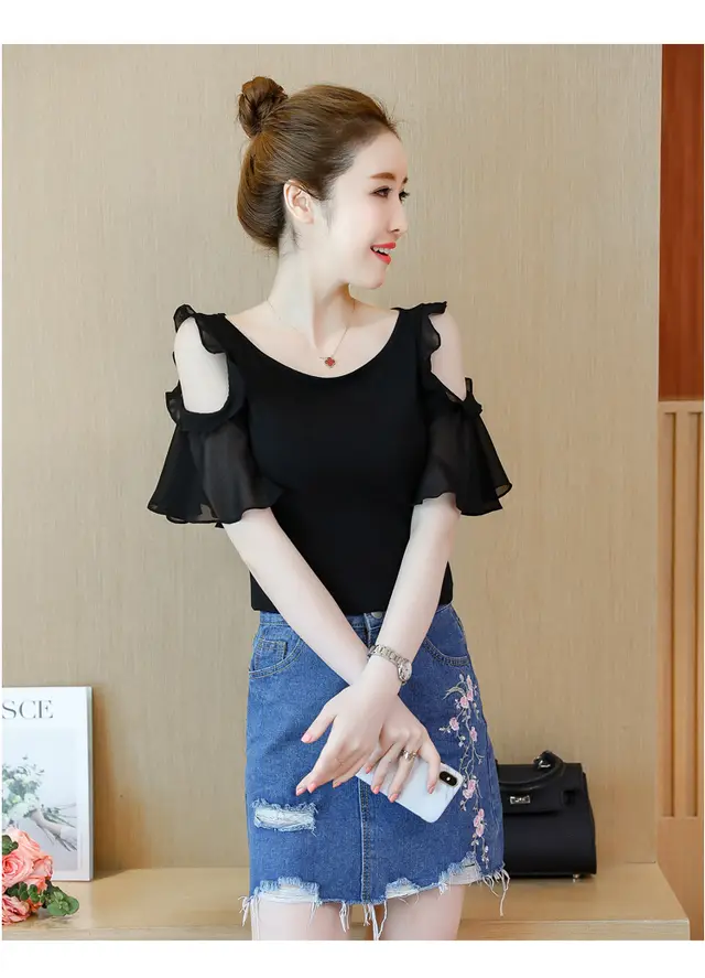 Black One Neck Chiffon Shirt With Ruffle And Sexy Off Shoulder Top For Women Black - Shop at LoveMi