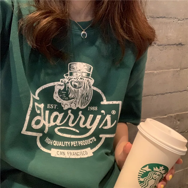 summer new Korean loose thin versatile letter printed student short sleeve T-shirt women"s style top fashion - Green