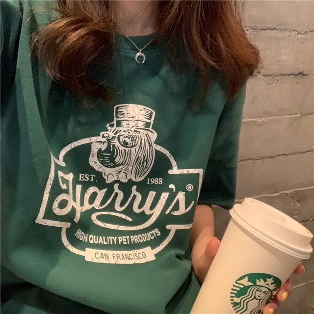 summer new Korean loose thin versatile letter printed student short sleeve T shirt women"s style top fashion Green - Shop at LoveMi
