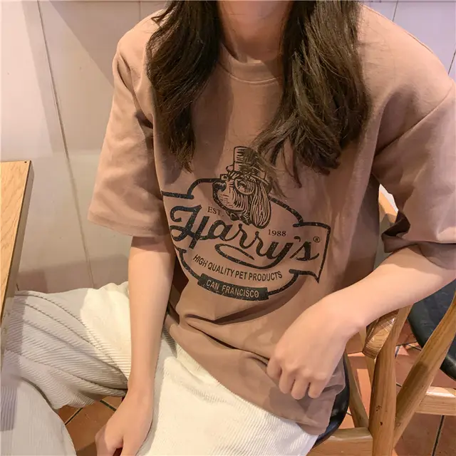 summer new Korean loose thin versatile letter printed student short sleeve T shirt women"s style top fashion Khaki - Shop at LoveMi