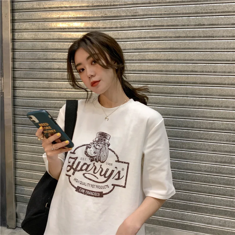 summer new Korean loose thin versatile letter printed student short sleeve T-shirt women"s style top fashion - White