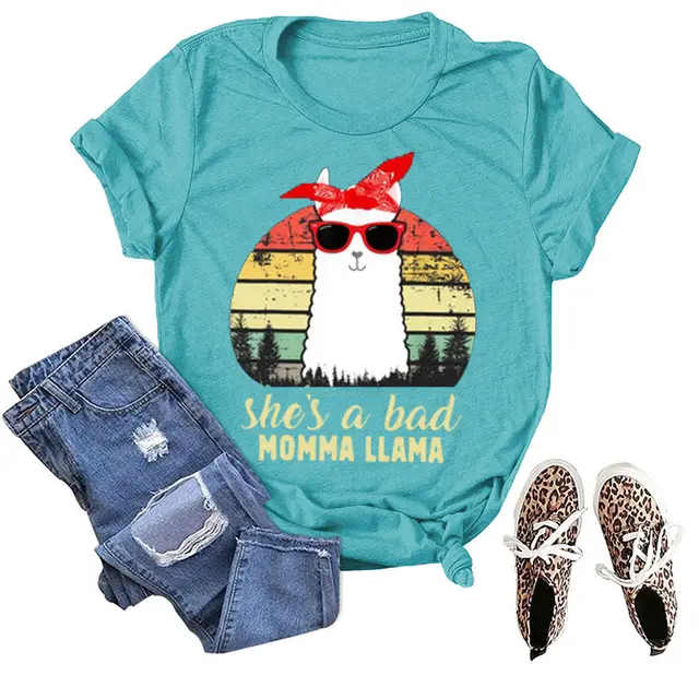 Spot Century Clothing New Independent Station Alpaca MOMMA LLAMA Letter Print T shirt Short Sleeve Dark Blue - Shop at LoveMi