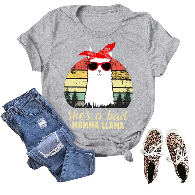 Spot Century Clothing New Independent Station Alpaca MOMMA LLAMA Letter Print T shirt Short Sleeve Light Grey - Shop at LoveMi