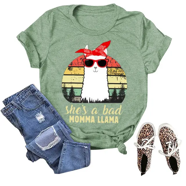 Spot Century Clothing New Independent Station Alpaca MOMMA LLAMA Letter Print T shirt Short Sleeve Olive Green - Shop at LoveMi