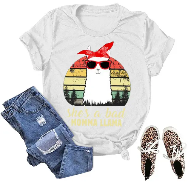 Spot Century Clothing New Independent Station Alpaca MOMMA LLAMA Letter Print T shirt Short Sleeve White - Shop at LoveMi