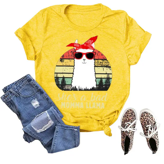 Spot Century Clothing New Independent Station Alpaca MOMMA LLAMA Letter Print T shirt Short Sleeve Yellow - Shop at LoveMi