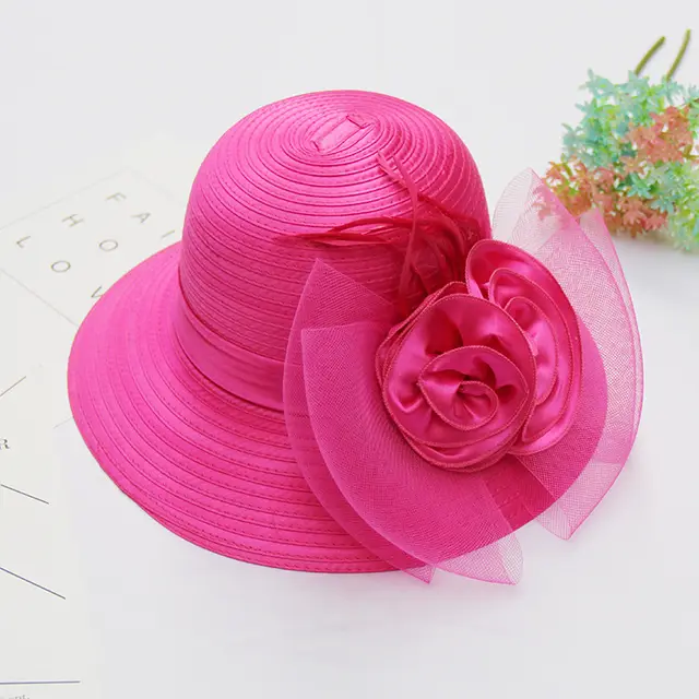 Summer New Style European And American Fashion Flower Net Yarn Gift Hat Female Sunscreen Anti Ultraviolet Visor Cloth Hat Basin Hat Rose Red - Shop at LoveMi
