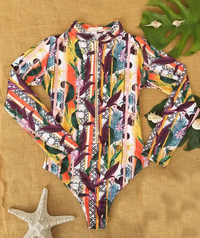Flower Print Swimsuit Female One Piece Bikini Long Sleeved Swimsuit Wine - Shop at LoveMi
