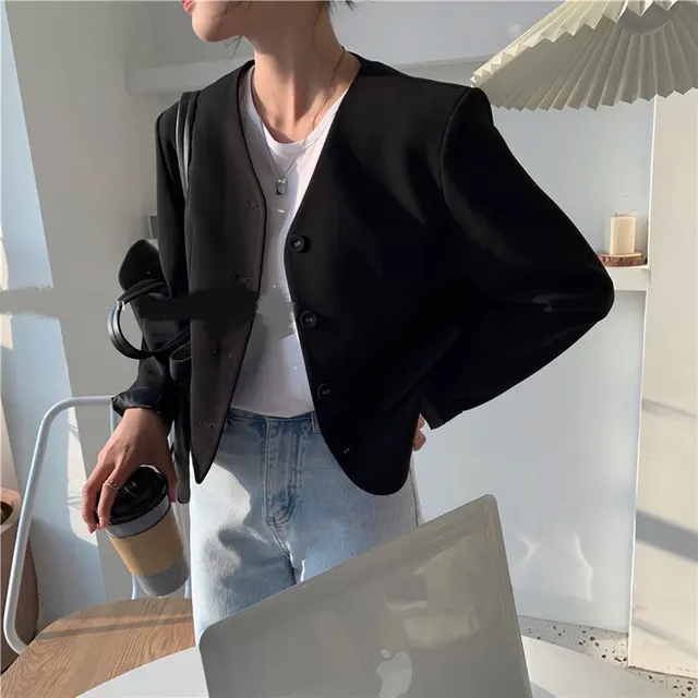 Simple V neck Single Breasted Casual Suit Jacket Women Black - Shop at LoveMi