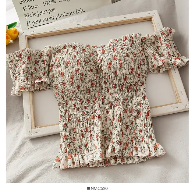 Small Fresh Pleated Shoulder Top with Wooden Ears Apricot - Shop at LoveMi