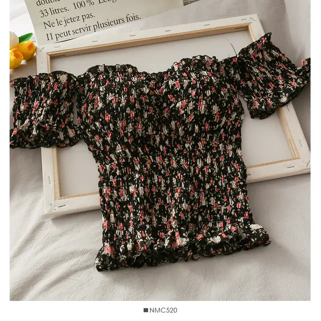 Small Fresh Pleated Shoulder Top with Wooden Ears Black - Shop at LoveMi