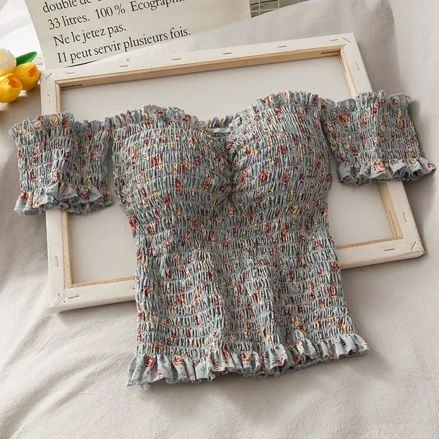 Small Fresh Pleated Shoulder Top with Wooden Ears Blue - Shop at LoveMi