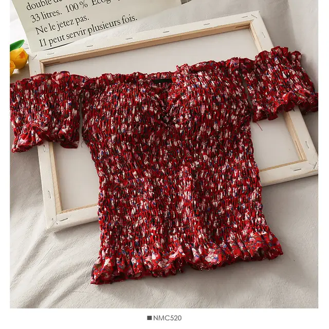 Small Fresh Pleated Shoulder Top with Wooden Ears Red - Shop at LoveMi