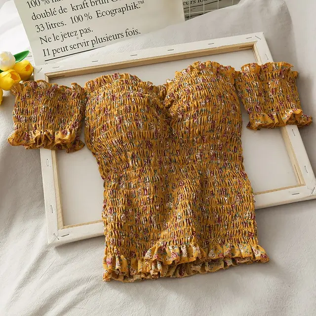 Small Fresh Pleated Shoulder Top with Wooden Ears Yellow - Shop at LoveMi