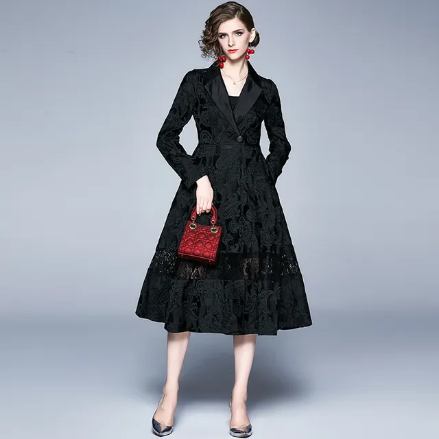 Autumn And Winter Women's European Station Pure Color Jacquard Temperament Elegant Big Swing Windbreaker Long Long Sleeve Jacket Black - Shop at LoveMi