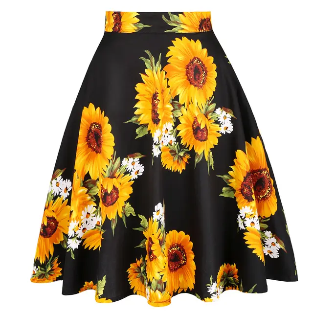 Floral Skirt, Foreign Trade Women's Clothing, Pleated Skirt Sunflower On Black - Shop at LoveMi