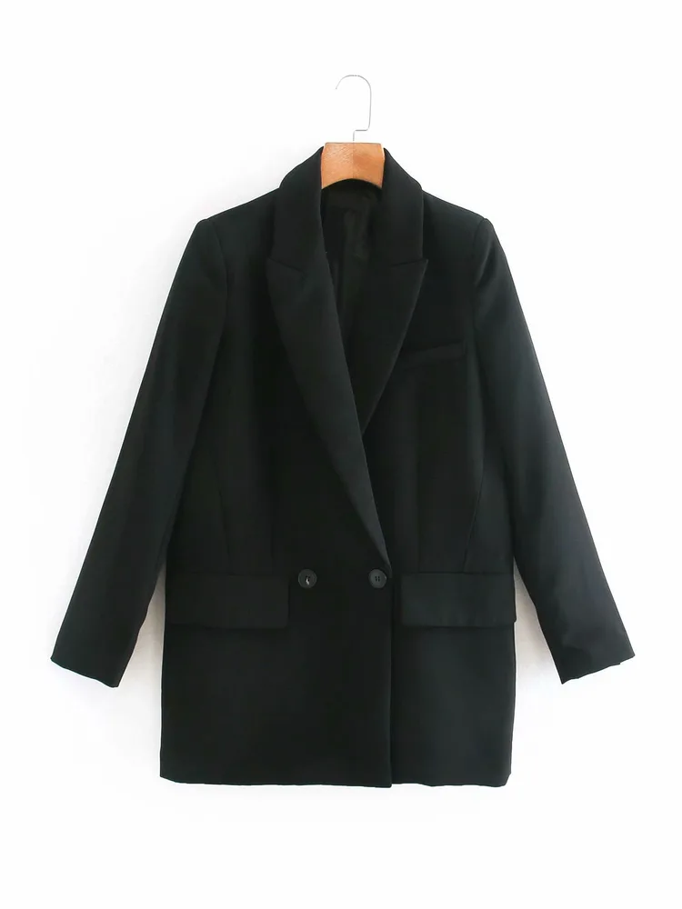 ZA Women Fashion Office Wear One Button Blazer Coat Vintage Long Sleeve Pockets Female Outerwear Chic Tops - Black