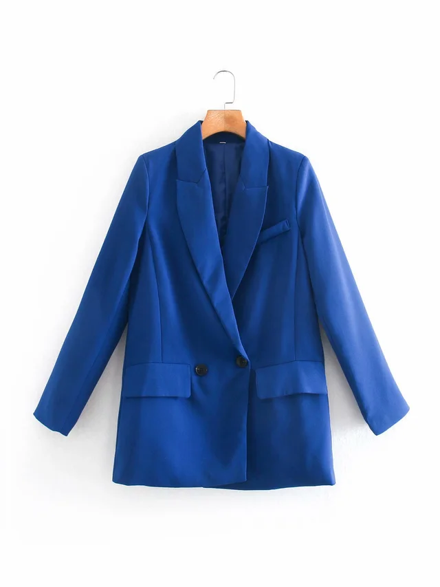 ZA Women Fashion Office Wear One Button Blazer Coat Vintage Long Sleeve Pockets Female Outerwear Chic Tops Blue - Shop at LoveMi