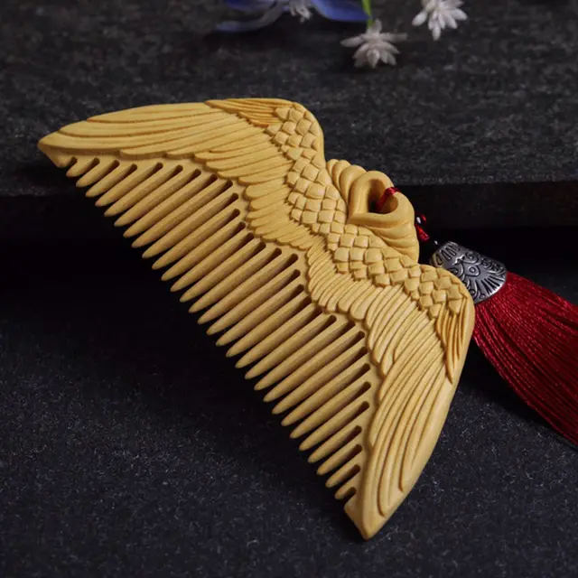 Angel Wings Pattern Carved Boxwood Combs Hand Polished Wooden Crafts Gifts for Girlfriends Khaki - Shop at LoveMi