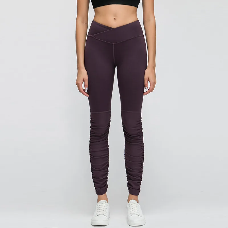 High Waist Yoga Pants Womens Personality Cross Waist Slimming Fitness Pants - Purple