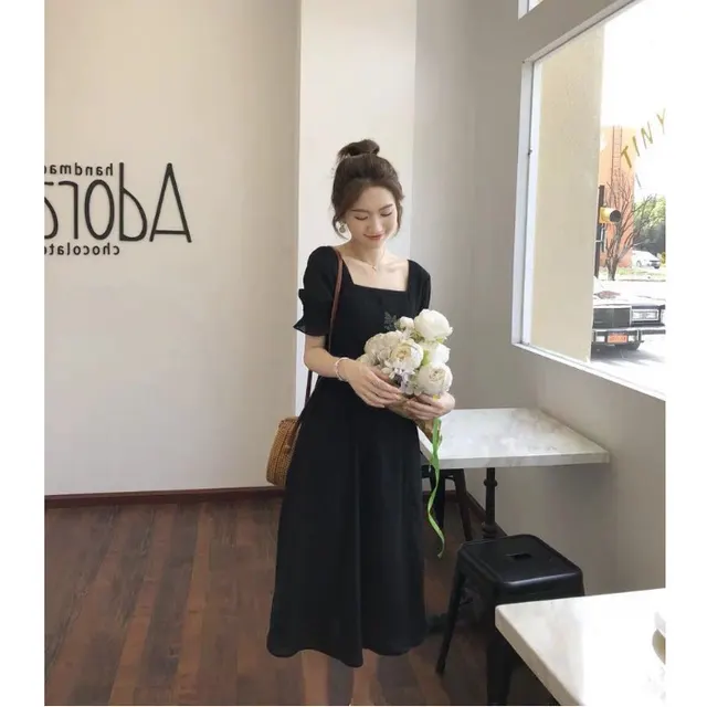 Early Spring Over The Knee Design French Retro Bellflower Tea Break Waist Dress Black - Shop at LoveMi