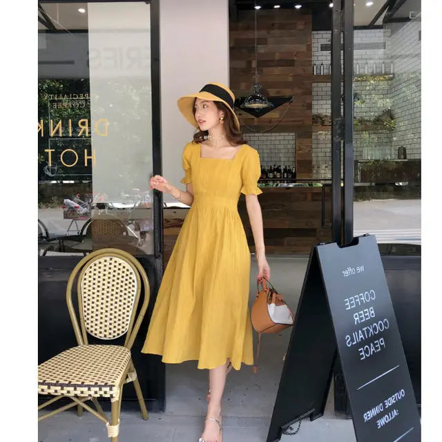 Early Spring Over The Knee Design French Retro Bellflower Tea Break Waist Dress Yellow - Shop at LoveMi