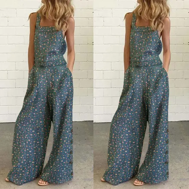Summer New Fashion Small Floral Print Sleeveless Overalls Blue - Shop at LoveMi