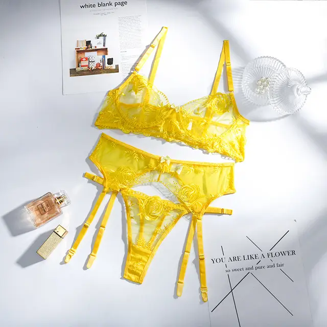 Lace Embroidered Bra, Panties, Garter Belt, Three piece Suit, Sexy Lingerie, Women Yellow - Shop at LoveMi