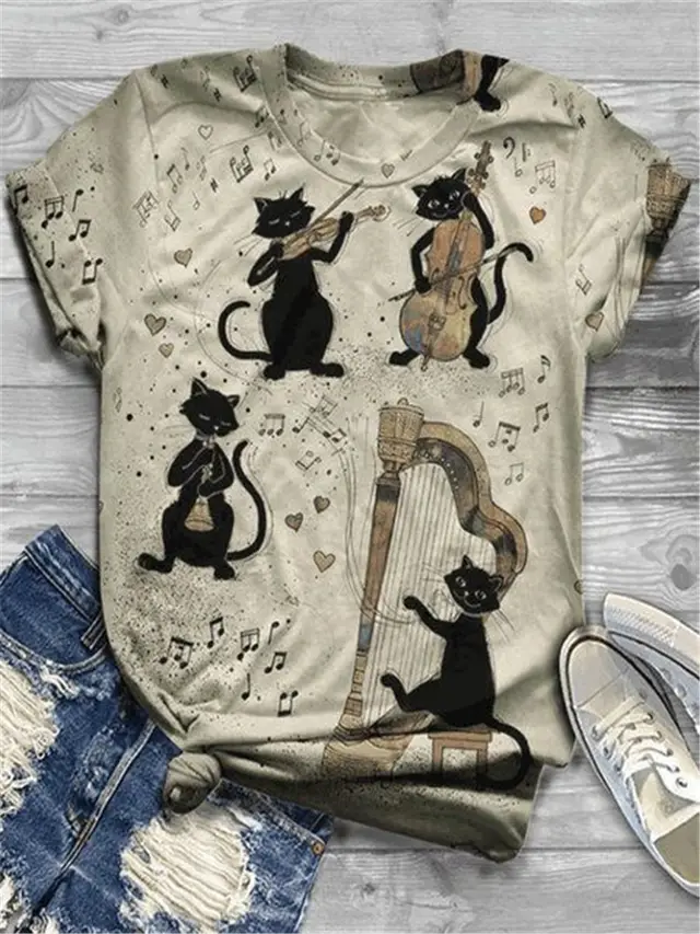 Printed Comfortable Round Neck Short Sleeved T shirt Cat Playing - Shop at LoveMi