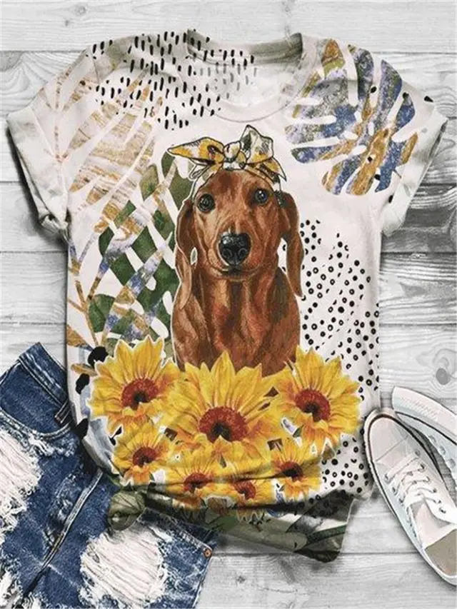 Printed Comfortable Round Neck Short Sleeved T shirt Dog - Shop at LoveMi