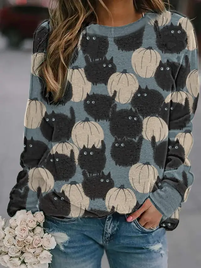 Printed Comfortable Round Neck Short Sleeved T shirt Navy Blue - Shop at LoveMi