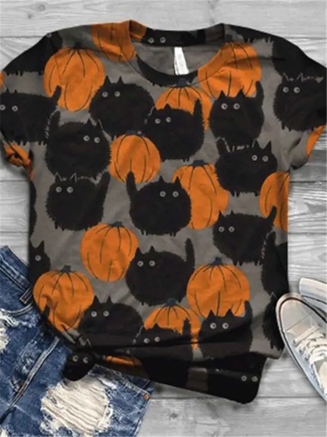 Printed Comfortable Round Neck Short Sleeved T shirt Pumpkin - Shop at LoveMi