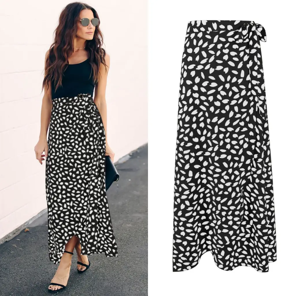 Ladies Polka Dot Printed Split Long Skirt - Black