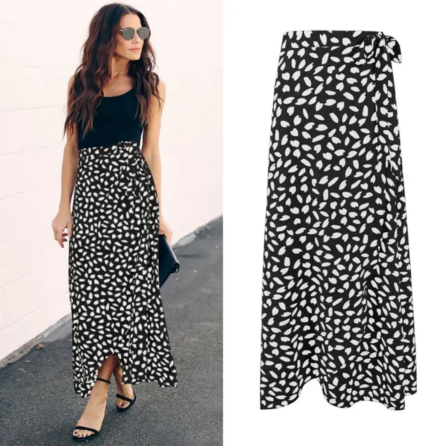 Ladies Polka Dot Printed Split Long Skirt Black - Shop at LoveMi