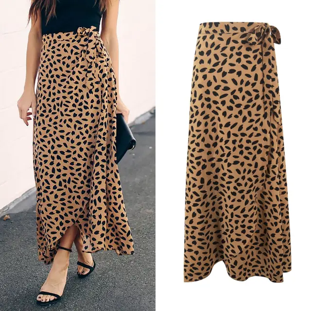Ladies Polka Dot Printed Split Long Skirt Khaki - Shop at LoveMi