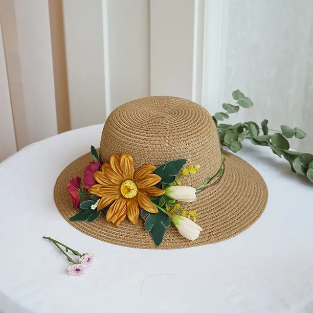Big Flower Straw Hat Female Sun Hat Summer Hat Fashion Big Brim Sun Hat Outdoor Sunscreen Basin Hat Khaki - Shop at LoveMi
