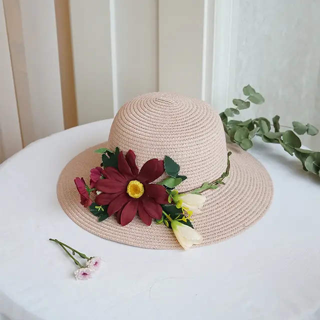 Big Flower Straw Hat Female Sun Hat Summer Hat Fashion Big Brim Sun Hat Outdoor Sunscreen Basin Hat Pink - Shop at LoveMi