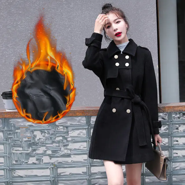 Autumn And Winter Clothes Small Slim Slim Mid Length Fashionable Woolen Coat Black Plus Cotton - Shop at LoveMi