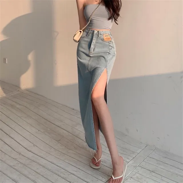 Side Slit Denim Skirt Women High Waist a line Mid length Blue - Shop at LoveMi