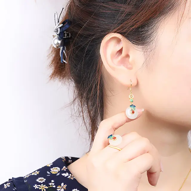 Hetian Jade Safe Buckle Earrings Pendant Ring Retro Set Earrings - Shop at LoveMi